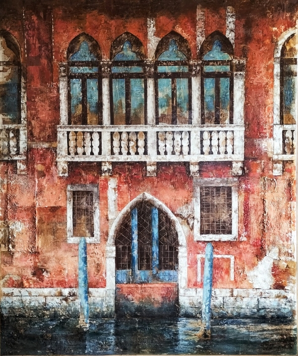 Facciata veneziana, tecnica mista su carta e tela, 100×120, 2023, Collezione privata