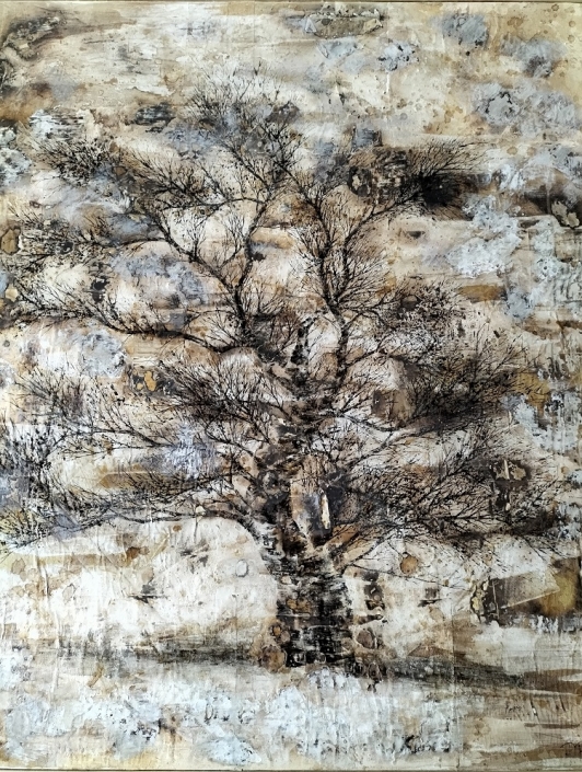 Paesaggio, albero singolo, tecnica mista su carta su tela, 120×99,5×4, 2021, Collezione privata