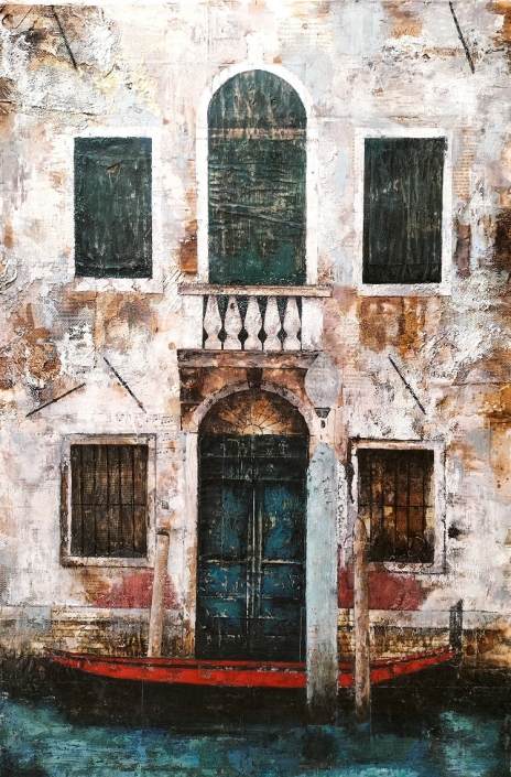 Facciata veneziana, tecnica mista su carta su tela, 60×90, 2024, Collezione privata