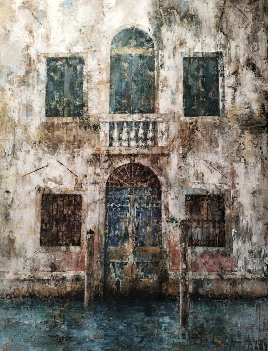 Facciata veneziana, tecnica mista su carta su tela, 80×100, 2024
